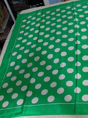 Albert Nipon Green Silk Scarf with White Polka Dots